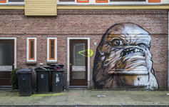 909490 Afbeelding van een graffiti op het voor sloop bestemde huis Aardbeistraat 13 te Utrecht.